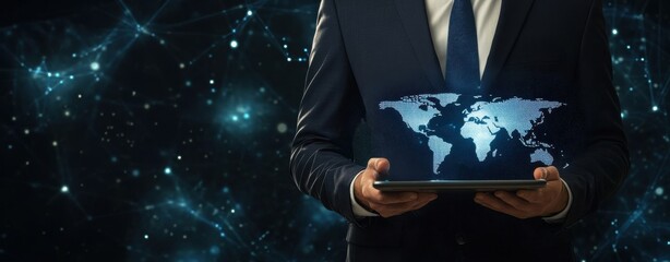 Businessman in a suit holding a tablet with a digital world map, symbolizing global connections and technology in a corporate setting