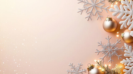 Elegant arrangement of sparkling snowflakes and golden Christmas ornaments on a soft pastel background creating a festive atmosphere