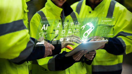 Industrial engineer controls intelligent robots of digital factory. Industrial revolution, Robot control engineer, Automatic arm machinery. Teamwork to collaborate on new projects with AI system.