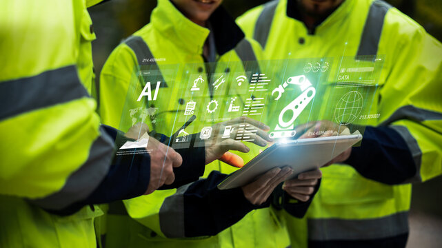 Industrial engineer controls intelligent robots of digital factory. Industrial revolution, Robot control engineer, Automatic arm machinery. Teamwork to collaborate on new projects with AI system.