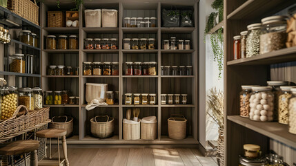 Organized Kitchen Pantry with Glass Jars and Wooden Shelves