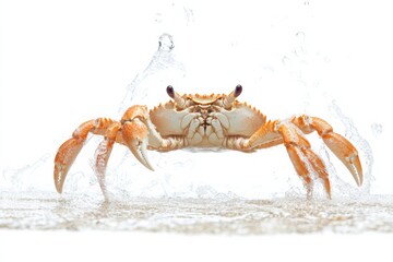 Crab walking on a sandy seabed with water currents above, on solid white background, single object