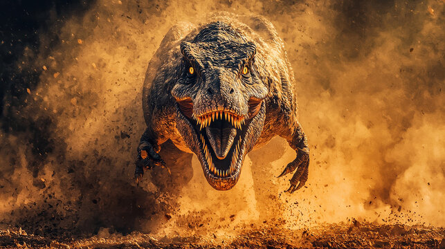 Intense image of a fearsome dinosaur roaring as it moves swiftly, creating a powerful sandstorm and evoking a sense of awe and terror from the primal scene.