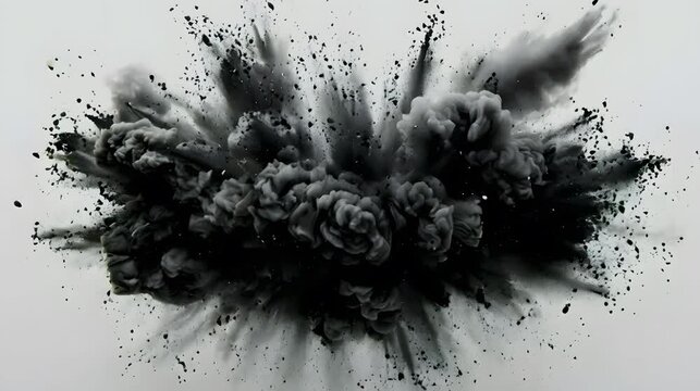 Black charcoal powder explosion on white.