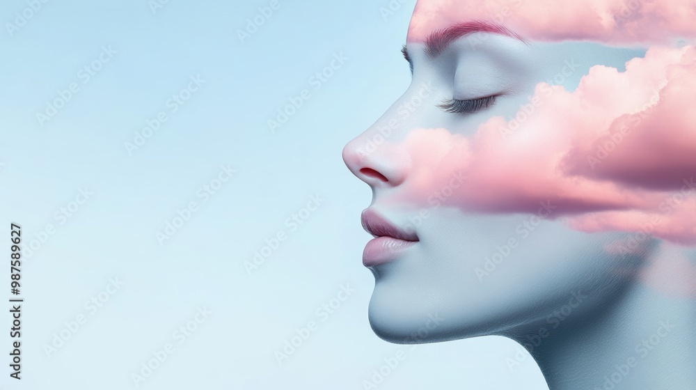 Sticker A woman's face with clouds in her head and a pink sky, AI