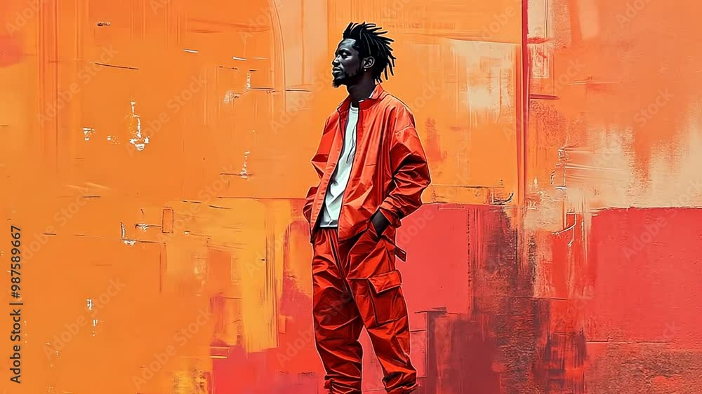 Aufkleber man in vibrant orange attire stands against a colorful backdrop generative ai