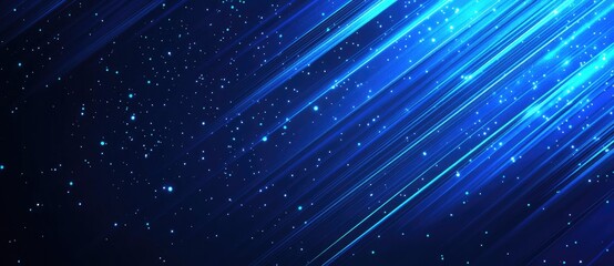 A dynamic blue background with light streaks and sparkling particles, creating a cosmic effect.