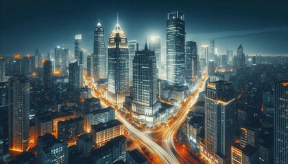 Fototapeta premium A stunning nighttime cityscape featuring towering skyscrapers and brightly lit streets with fast-moving lights, showcasing a modern urban environment full of life and energy.