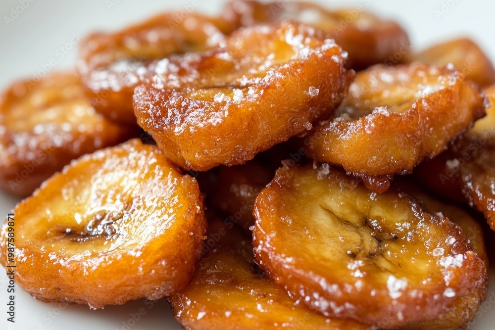 Poster close-up of fried banana pieces with caramelized edges on a clean white background