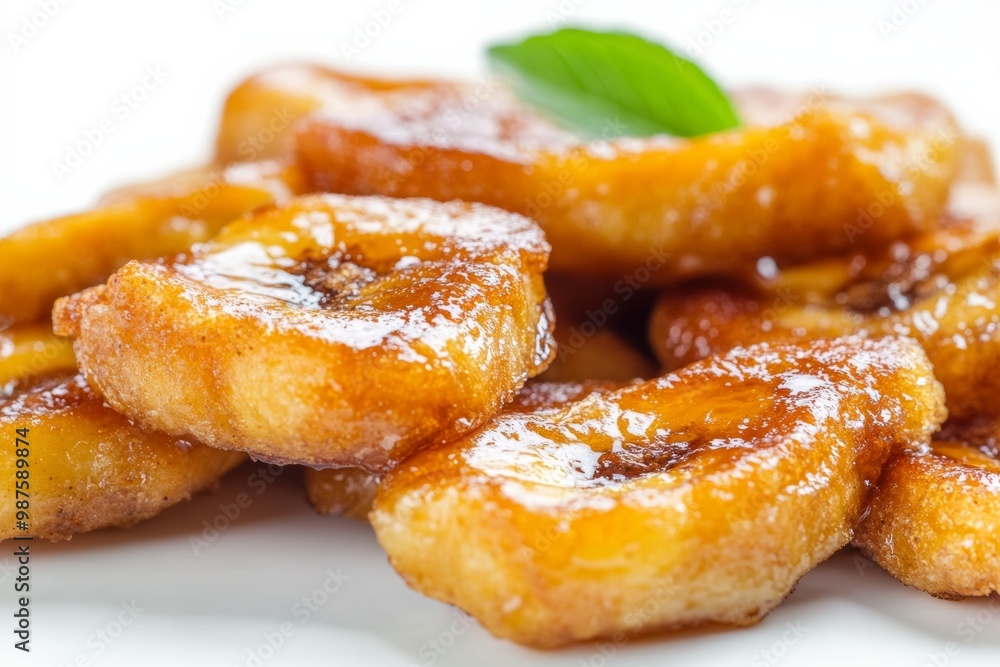 Poster close-up of fried banana pieces with caramelized edges on a clean white background