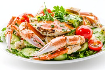 Colorful crab salad with cherry tomatoes, cucumber, and a light vinaigrette, on solid white background, single object