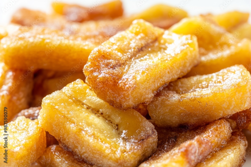 Poster close-up of fried banana pieces with caramelized edges on a clean white background