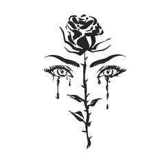 Crying Eyes with Rose Silhouette Vector Illustration