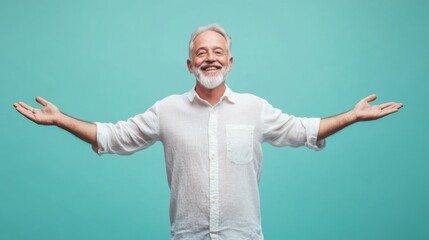 Fototapeta premium Mature Caucasian man with open arms isolated on blue background , studio shot of an handsome white European old retired guy with happy smiling face welcome with open arms on soft color backdrop