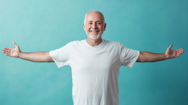 Mature Caucasian man with open arms isolated on blue background , studio shot of an handsome white European old retired guy with happy smiling face welcome with open arms on soft color backdrop