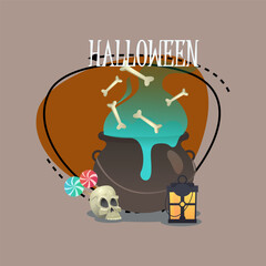Halloween inscription with cauldron, vintage lantern, skull, bones, lollipops. Typed text, calligraphy. Holiday, celebration, party, magic concept. Vector illustration for banner or poster design