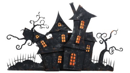 Haunted house silhouette with spooky windows and crooked roof, isolated on a white background