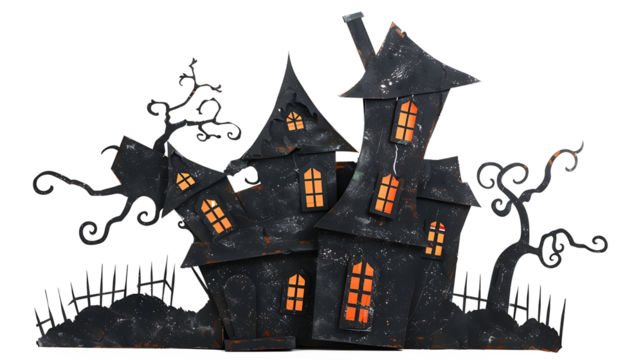 Haunted house silhouette with spooky windows and crooked roof, isolated on a white background
