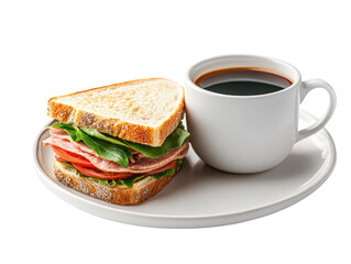 A classic sandwich with layers of meat and greens, accompanied by a steaming cup of coffee on a white plate.