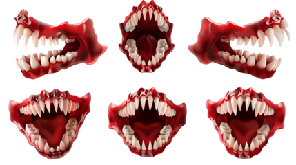 Set of realistic fake vampire teeth with fangs, isolated on a white background