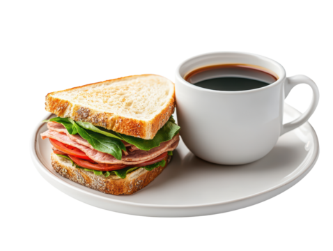 A classic sandwich with layers of meat and greens, accompanied by a steaming cup of coffee on a white plate.