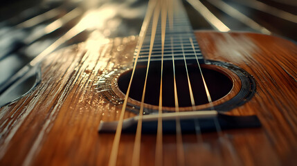 Obraz premium Closeup of Acoustic Guitar Strings and Soundhole