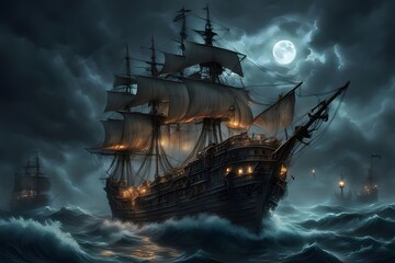 Fototapeta premium A ghost ship sailing through dark stormy seas with glowing lanterns and skeletal pirates, Ai Generated