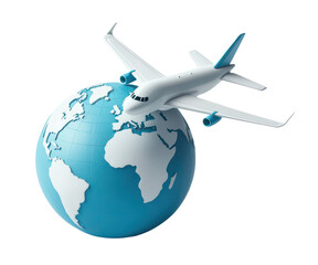 Fototapeta premium A stylized airplane hovers above a blue and white globe, symbolizing travel and global connectivity.