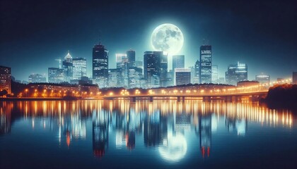Naklejka premium A stunning nighttime cityscape under a full moon, reflecting perfectly on a calm body of water. The bright city lights and the moon create a magical, serene atmosphere
