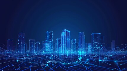 A modern smart city with wi fi networks in wireframe, featuring automation and tech elements