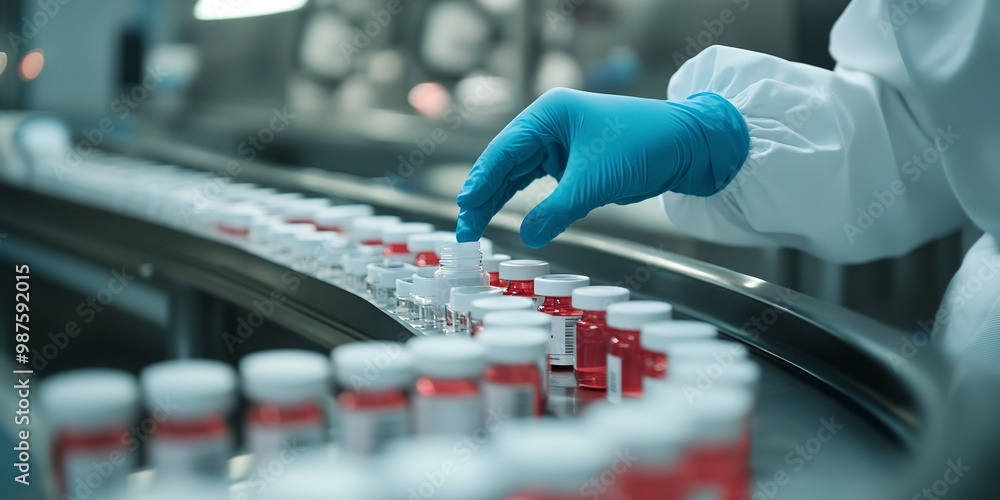 Sticker Pharmaceutical scientist wearing sterile gloves inspects medical vials on a production line conveyor belt in a drug manufacturing facility.