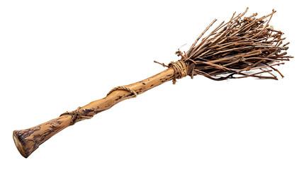 Witch’s broomstick with twisted wooden handle and straw bristles, isolated on a white background