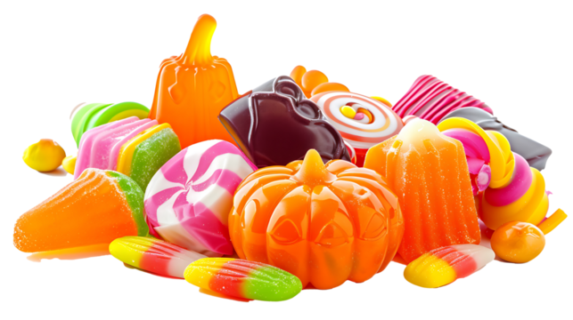 Halloween candy assortment with colorful wrapped chocolates and candies, isolated on a white background