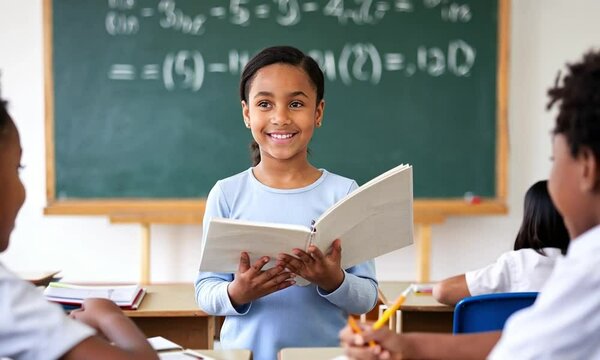classroom image shows a young girl presenting her work with a smile. 