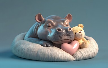 Naklejka premium A cozy, cute hippo resting peacefully with a teddy bear, surrounded by a soft cushion and a heart, symbolizing love and comfort.