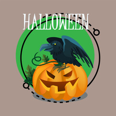 Halloween lettering with cartoon crow sitting on pumpkin. Typed text, calligraphy. Holiday, celebration, traditions concept. Vector illustration for invitation, banner or poster design