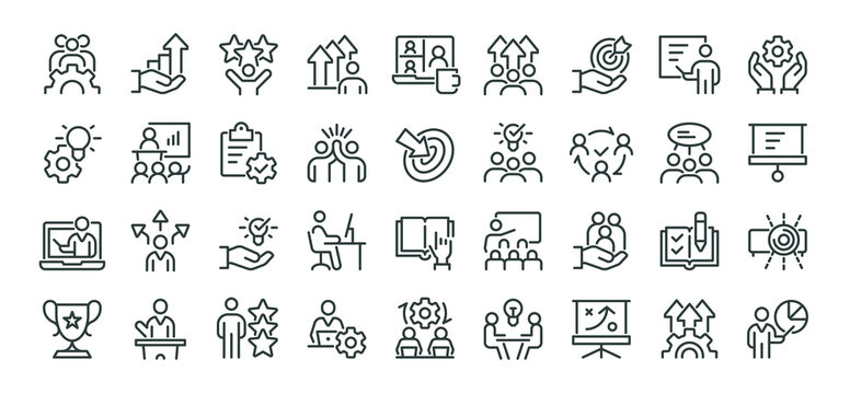 Workshop, business education, online learning icons pack. Such line signs as team building, coaching meeting, managing and motivation. Vector icons set for web and app in outline editable stroke.