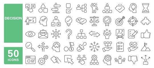 Set of 50 line icons related to decision, choice, choose, option, selection, quiz, decide, direction, possible, solve, variety, Editable stroke. Vector illustration