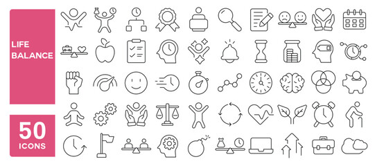 Set of 50 line icons related to life balance, life, work, pulse, wellness, existence, manage, time, health, routine, full, cycle, Editable stroke. Vector illustration