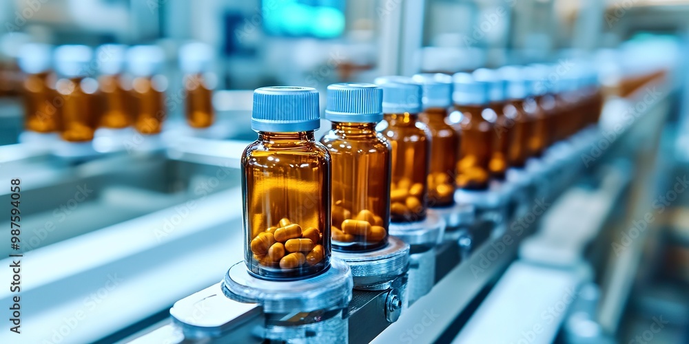 Canvas Prints Medicine bottles on a medicine production line, automated pharmaceutical industry, selective focus