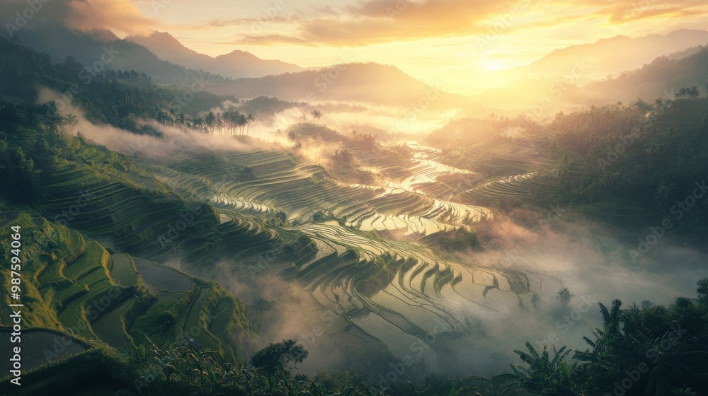 Poster A sunrise view over terraced rice fields with mist rising from the paddies and the first light illuminating the intricate layers of the fields