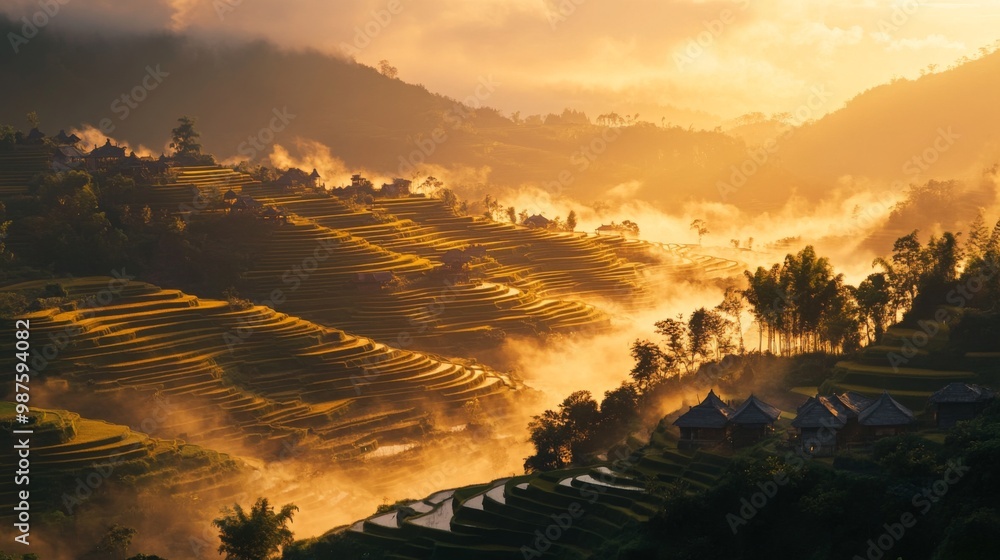 Poster A sunrise view over terraced rice fields with mist rising from the paddies and the first light illuminating the intricate layers of the fields