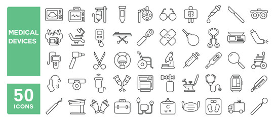 Set of 50 line icons related to medical devices, equipments, tools, surgery, radiology, microscope, monitor, scan, oxygen, wheelchair, supplies, Editable stroke. Vector illustration