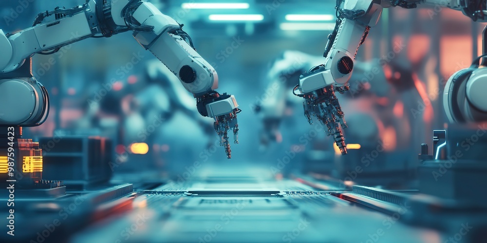Poster mechanized industry robot and robotic arms for assembly in factory production . concept of artificia