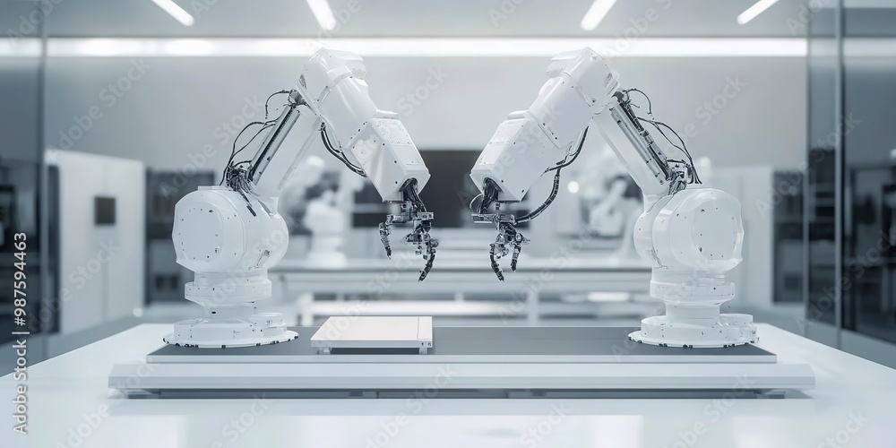 Poster mechanized industry robot and robotic arms for assembly in factory production . concept of artificia