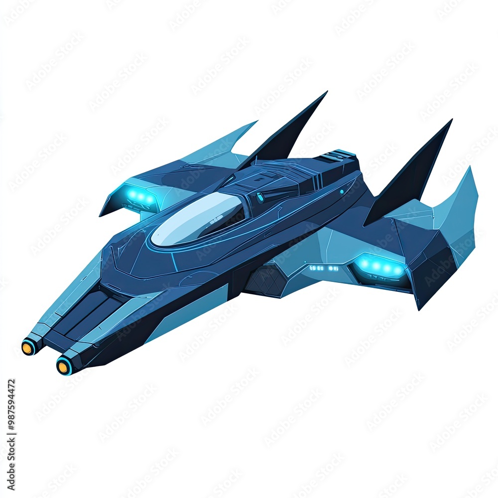 Poster a sleek, futuristic spaceship design with sharp angles and glowing elements.