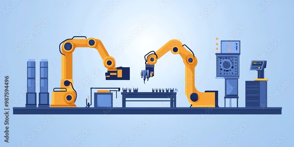 Poster mechanized industry robot and robotic arms for assembly in factory production . concept of artificia