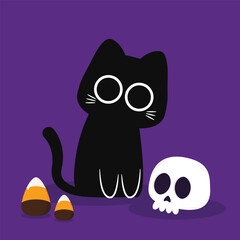 Cute Black cat. Halloween black cat and skull on purple background.