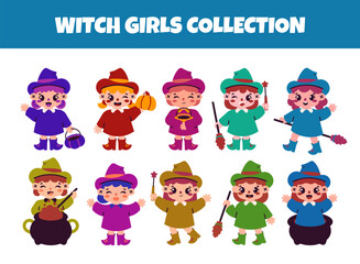 Witch girls vector illustration set