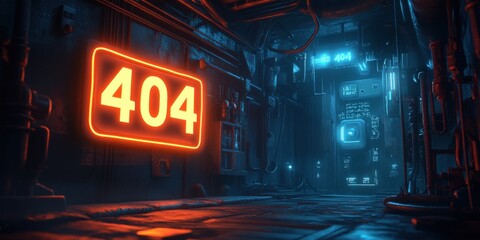 Neon "404 Page Not Found" Sign with Digital Server Background for Tech Concept